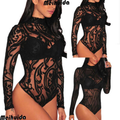 

Women Lace Bodysuit Sheer Mesh Turtleneck Long Sleeve Leotard Top Jumpsuit US