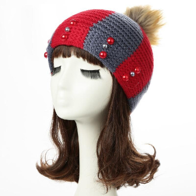 

New Women Winter Hat Beanie Knit Cap Contrast Stripe Pom Pom Bead Causal Slouchy Baggy Skullies