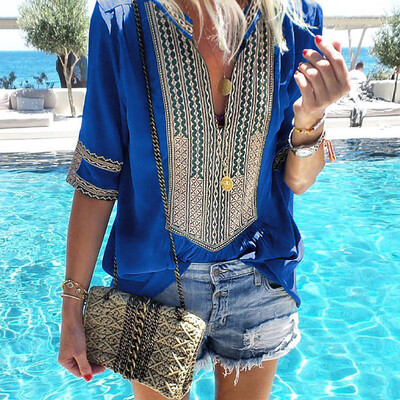 

T Shirt Women Bohemian Loose Comfortable Tshirt Summer V-Neck Half Sleeve Geometric Print Top Tee Casual Haut Femme