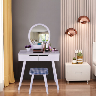 

Gobestart Round Mirror 2 Large Sliding Drawers Makeup Dressing Table with Cushioned Stool