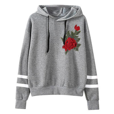 

Winter Warm Women Hoodie Rose Embroidery Long Sleeve Hooded Sweatshirt