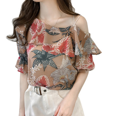 

Sexy Women Off Shoulder Floral Printed Blouse Shirt Ladies Summer Fashion Half Sleeve Chiffon Blouse Korean Casual Ruffle Tops