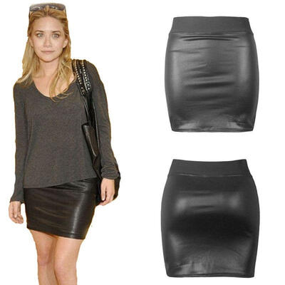 

Sexy Womens Black Wet Look Faux Leather Pencil Bodycon High Waisted Mini Skirt