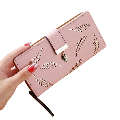 

Fashion Women Female Hollow Leaves Pattern Card Holder Zipper Pouch Long Wallet