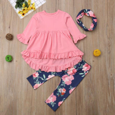 

UK Stock Kids Baby Girls Clothes Outfit Ruffle Tops DressFloral PantsScarf Set