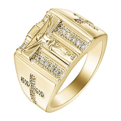 

Cool New Men Women Fashion Silver Gold Rings Jesus Cross Carved White Cubic Zirconia Wedding Finger Ring Fine Jewelry Gifts