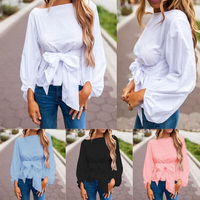 

Women Ladies Long Sleeve Bowknot Waist Tie T Shirt Fashion Casual Blouse Tops