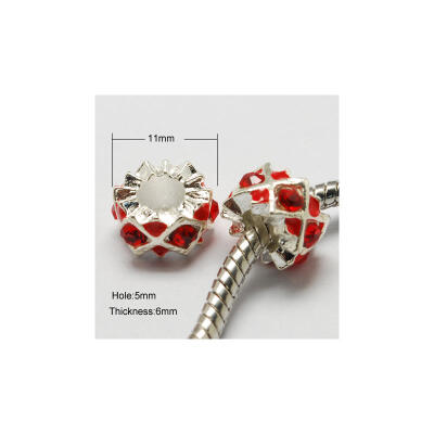 

Alloy Enamel European Beads with Grade A Rhinestone Large Hole Beads Column Silver Red 11x6mm Hole 5mm