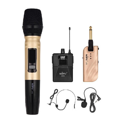 

Professional Dual-Channel UHF Wireless Microphones System with 1 Receiver1 Bodypack Transmitter1 Lavalier Mic1 Headset Mic1 Ha