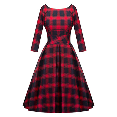 

Round Collar Long Sleeve Backless Plaid A-line Women Dress