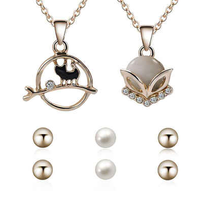 

Fashion Sparkling Rhinestone Star Fox Pendant Women Necklace Girl Deer Chain with Pearl Earrings Gift Jewelry