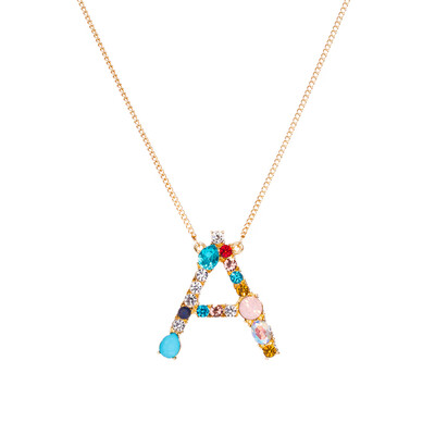 

A-Z Capital Letter Pendant Colorful Rhinestone Inlaid Women Necklace Jewelry
