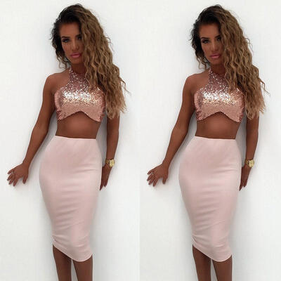 

Womens Party Cocktail Club Bodycon Two-piece Short Dress Set Crop Tops Skirt
