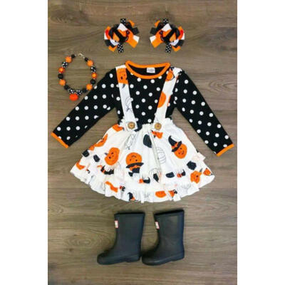

Toddler Kid Baby Girl Costume Halloween Polka Dot Top Pumpkin Strap Skirt Outfit