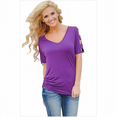 

V-neck short-sleeved line stitching cold shoulder slung tight T-shirt casual top