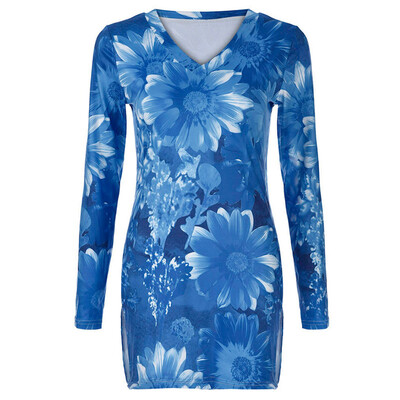 

Womens Casual Floral Print V-neck Long Sleeve Hem Split Leisure Bohemian Tops
