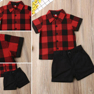 

Toddler Kids Baby Boy Gentleman Clothes Checks T shirt Tops Shorts Pants Outfits