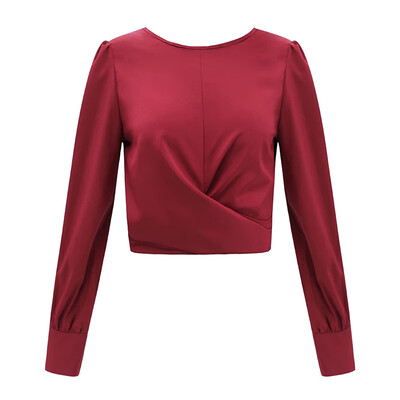 

Women Casual Top T-shirt Long Sleeved Round Neck Halter Cropped Solid Color Top Bow-knot Decoration Top T-shirt