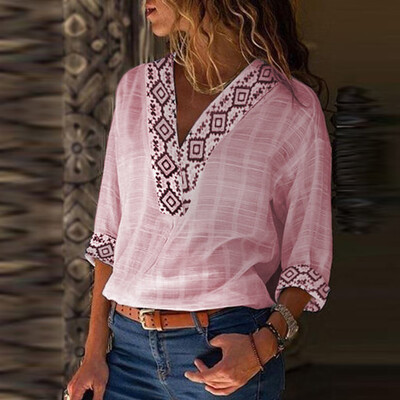 

Nomeni Women V Neck Print 34 Sleeve Cotton Linen T-shirt Casual Blouse Tops