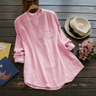 

New Plus Size Womens Ladies Casual Long Sleeve Cotton Linen T-Shirt Tops Blouse