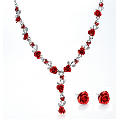 

Rose Flower Necklace Marriage Rhinestone Fashion Necklace Earring Sets Wedding Bridal Jewelry Set African Beads Jewelry Set