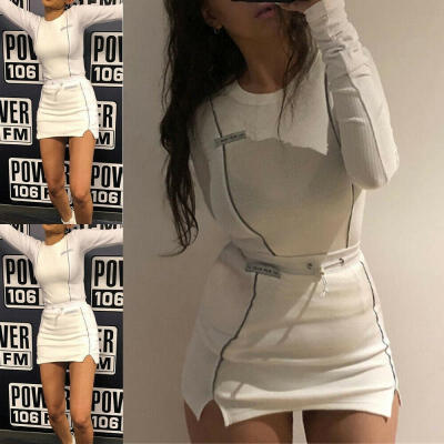 

Women&39s Two Pieces Reflective Striped Long Sleeve Crop Top Sexy Bottom Skirt Outfit Tracksuit New