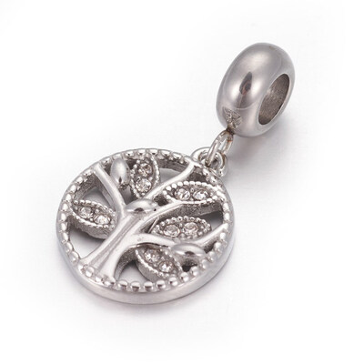 

304 Stainless Steel European Dangle Beads with Rhinestone Large Hole Pendants Flat Round with Tree of Life