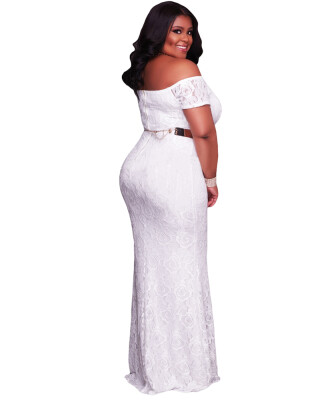 

Fashion Women Plus Size Maxi Off Shoulder Lace Dress Short Sleeves Split Hem Back Zipper Elegant Long Gown PinkWhite