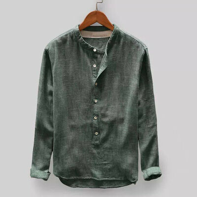 

Mens Linen Long Sleeve Shirt Summer Cool Loose Casual V-Neck Shirts Tops -3XL