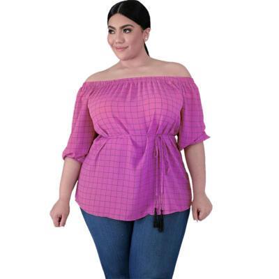 

Fashion Women Off Shoulder Half Sleeve Plaid Print Pullover Bandage Blouse