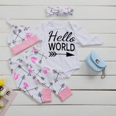 

4PCS Newborn Baby Girls Top Romper Long Pants Hat Headband Outfits Clothes 0-24M