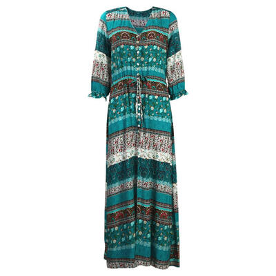 

Women Bohemia V-neck Floral Print Ethnic Summer Beach Boho Long Dress