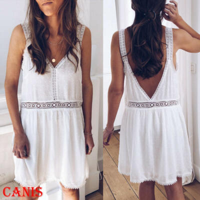 

Womens Dress Sleeveless Loose Backless V-Neck Summer Beach Dress Sundress