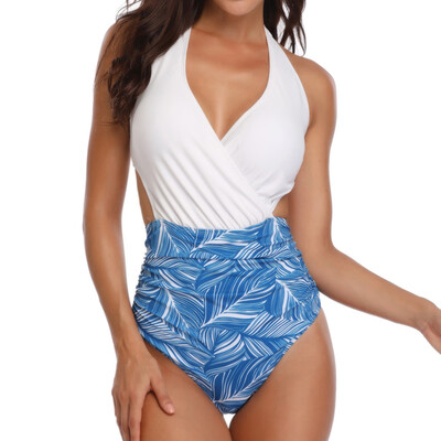

Saidsome Women Padded Sexy Floral Lace-up Print Backless Bikini Halter One Piece Swimwear