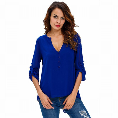

Deep V-neck long-sleeved shirt button fashion T-shirt casual street top