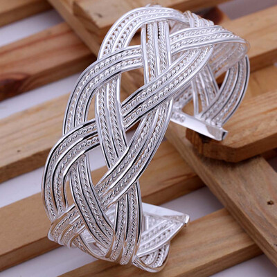 

Silver Plated Band Net Weaves Bangle Bracelet Weaving Jewelry Accessories Opening Large Braided Fashion Silver Bangles