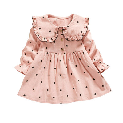 

Spring Autumn Baby Kids Girls Polka Dot Printed Long Sleeve Dress Kids Doll Collar Button Solid Color Cotton Comfortable Dresses