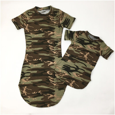 

Womens Girl Summer Short Sleeve Casual Dress Family Matching Stripe Camouflage Dress Mother Daughter