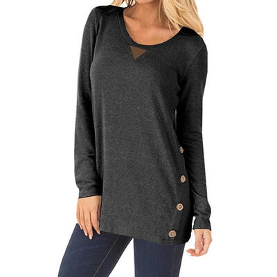 

European Autumn Round Collar T-shirt Women Button Pullover Tops Patch Decor