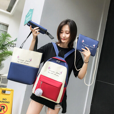 

Backpack female Korean version of Harajuku ins wind canvas four-piece travel backpack campus junior high school student bag