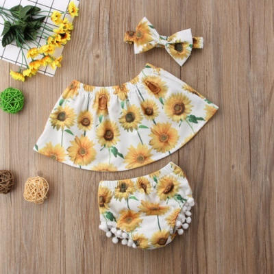 

Hot fashion Summer 3PCS Baby Girls Flower Tops Off-shoulder Pants Headband Outfits Clothes