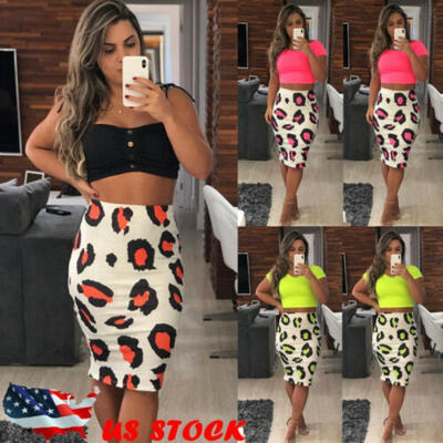 

US Women Stretch Pencil Skirt High Waist Above Knee Bodycon Office Floral Dress