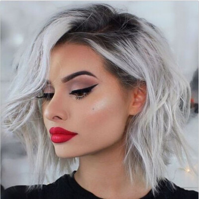

〖Follure〗Natural Mix Colors Gray Gradient Short Curly Hair Synthetic Wig Women Full Wigs