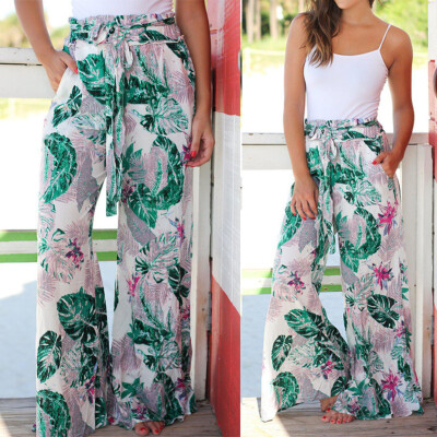 

Women Summer Pockets Leaves Printing Drawstring Wide Leg Pants Leggings