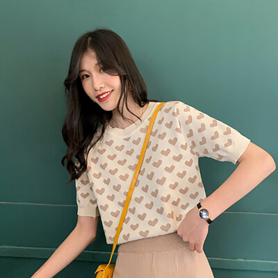 

Women Block Fashion T-Shirt Heart Pattern Loose Ice Silk Knitted Tops