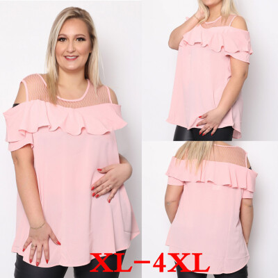 

Roseonmyhand Fashion Women Casual Blouse Mesh Patchwork Tops Cold Shoulder Ruffles T-Shirt