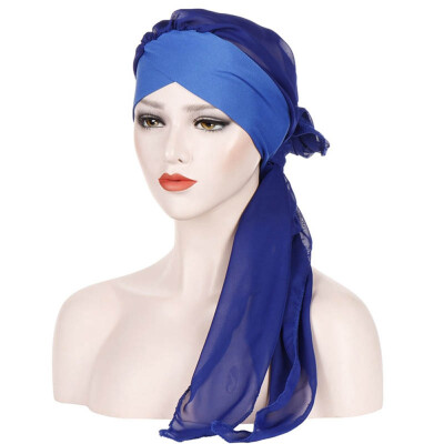 

Summer Pure Color Muslim Bonnet Hijab Forehead Cross Chiffon Long Tail Turban Hat Chemo Cap Head Scarf