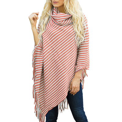 

Roseonmyhand Women Diagonal Striped High Collar Fringed Cloak Sweater Shawl