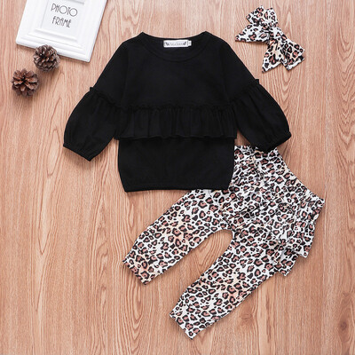 

3pcs Newborn Baby Girl Ruffle Tops Leopard Print Pants Headband Outfit Clothes Set