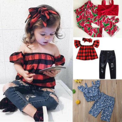 

2Pcs Newborn Kids Baby Girl Tops Hole Jeans Pants Headband Outfit Clothes Set